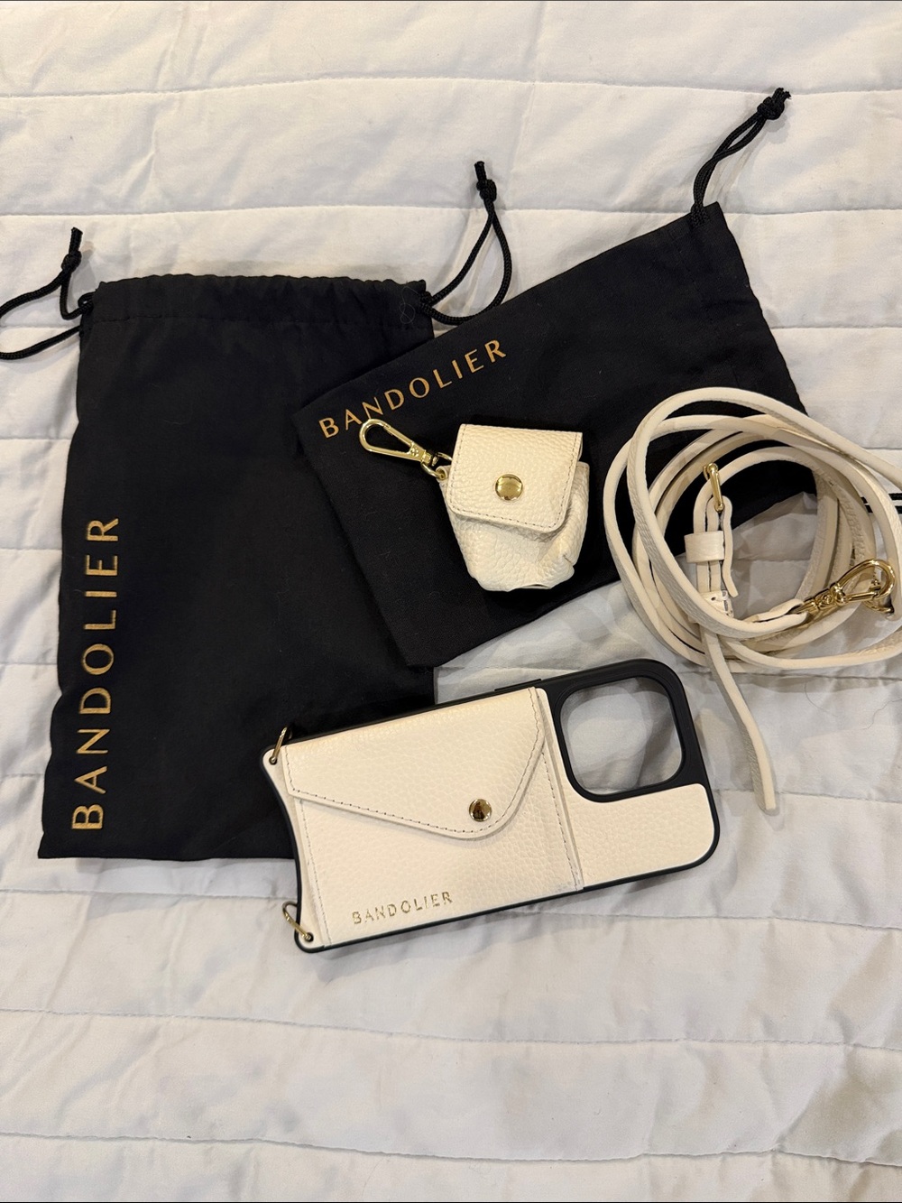 Bandolier Ivory Leather Crossbody Phone Case with Strap and AirPod Pouch